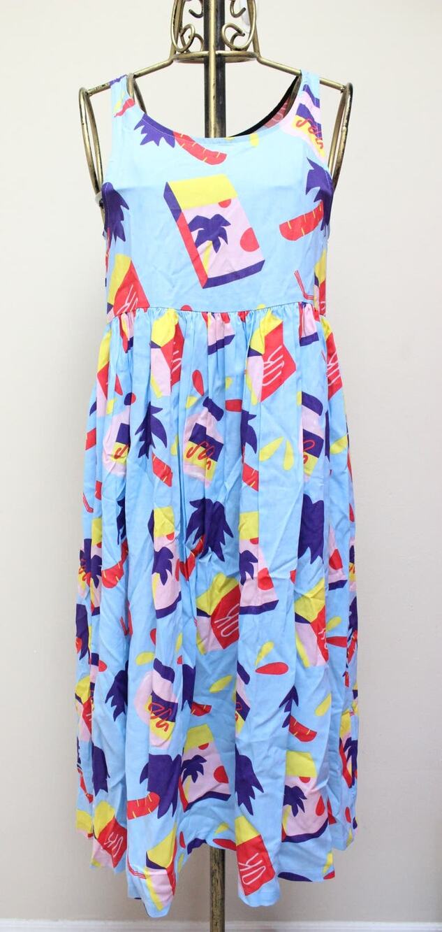Nooworks Blue Snacks Food Palm Tree Naomi Midi Dress Size XS